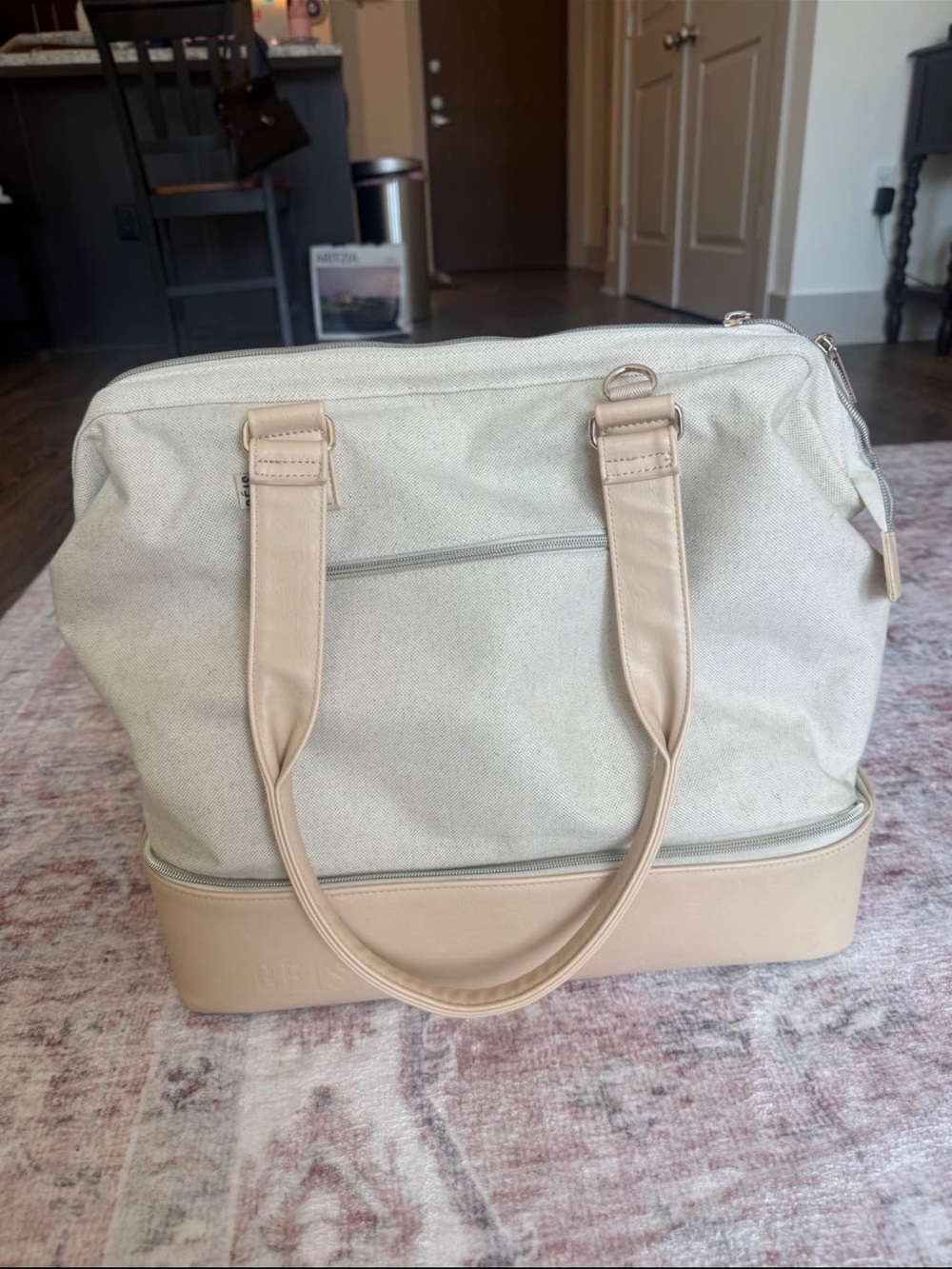BEIS Cream Canvas Travel Tote with Tan Base